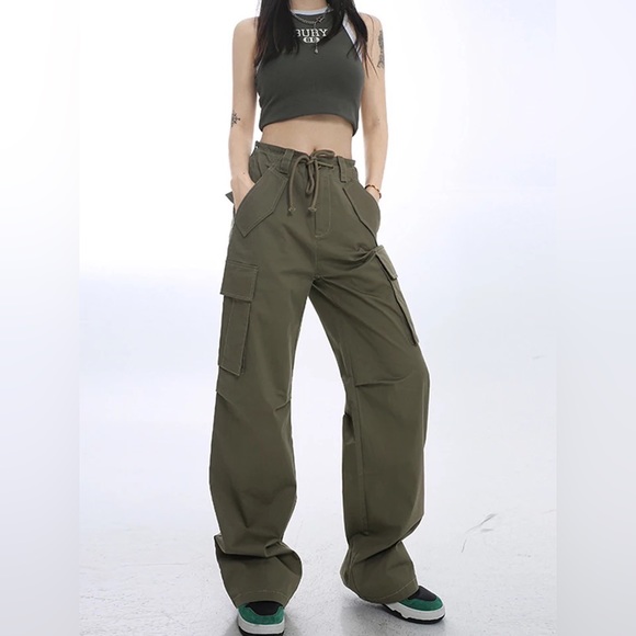 NWT Green cargo pants wide leg with pockets XS S M - Picture 6 of 12